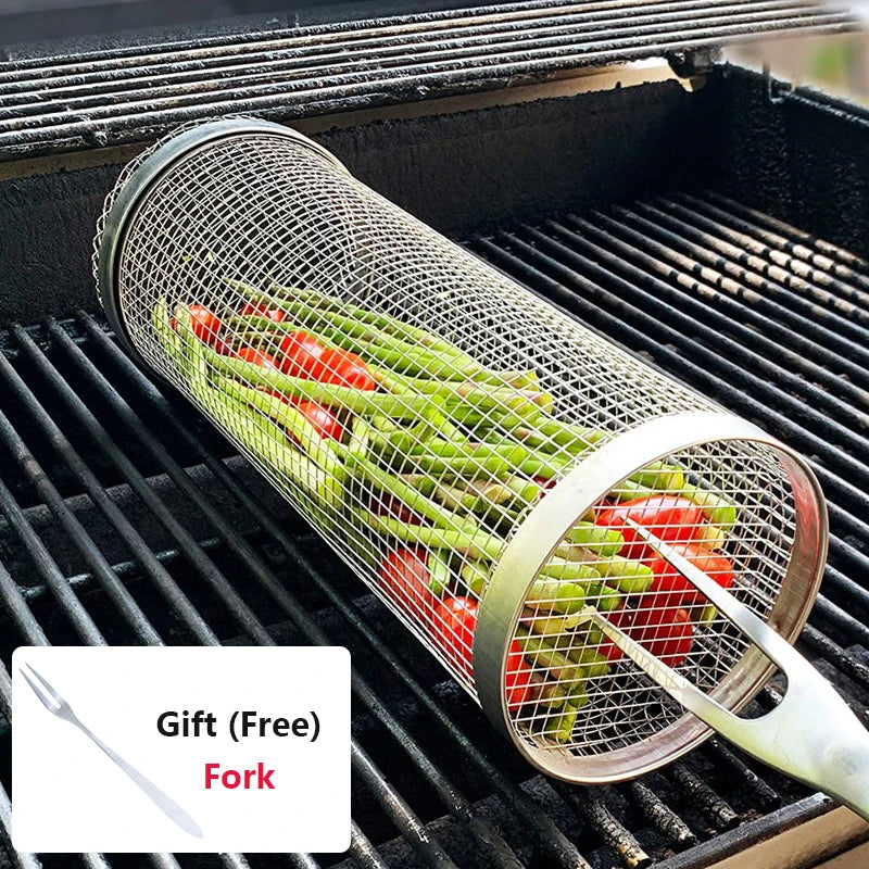 1-4 peças Cesta de grelhar com rodinhas de aço inoxidável para churrasco Cesta de malha portátil para acampamento ao ar livre Acessórios de cozinha