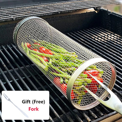 1-4 peças Cesta de grelhar com rodinhas de aço inoxidável para churrasco Cesta de malha portátil para acampamento ao ar livre Acessórios de cozinha