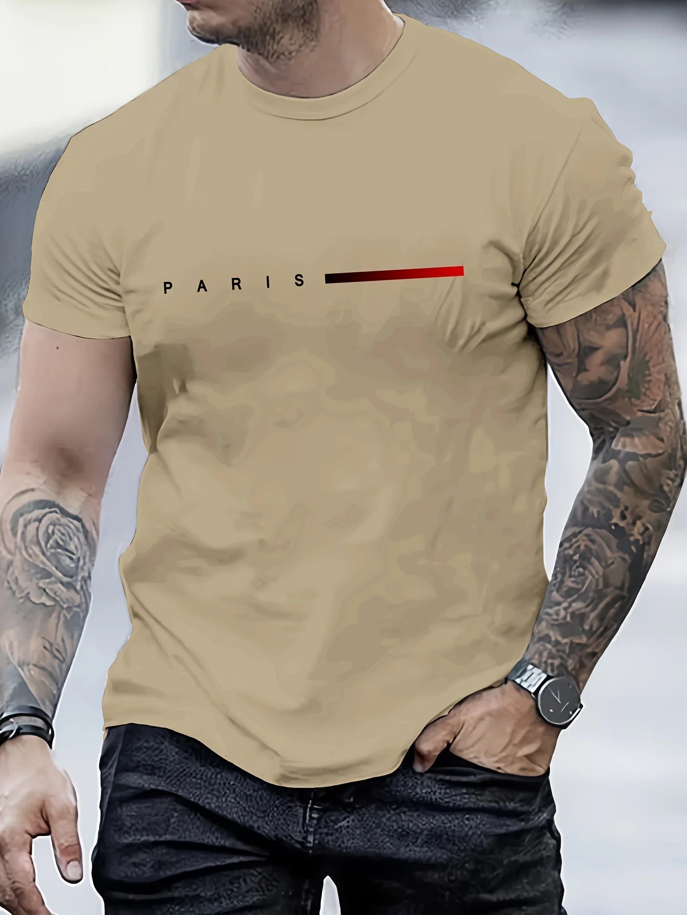 Camiseta masculina 100% algodão, folgada, de verão, com estampa de letras criativas PARIS, casual, slim fit, gola redonda, manga curta