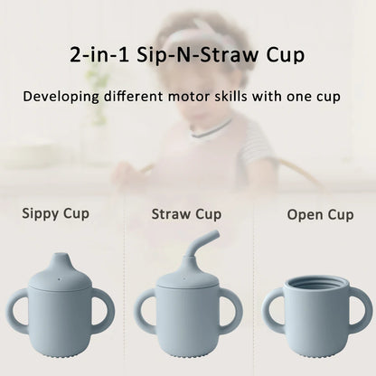 1 peça copo de silicone com duas tampas para bebês, copo portátil sem BPA para armazenamento de lanches, copo de alimentação para crianças aprendendo a beber, coisas de bebê