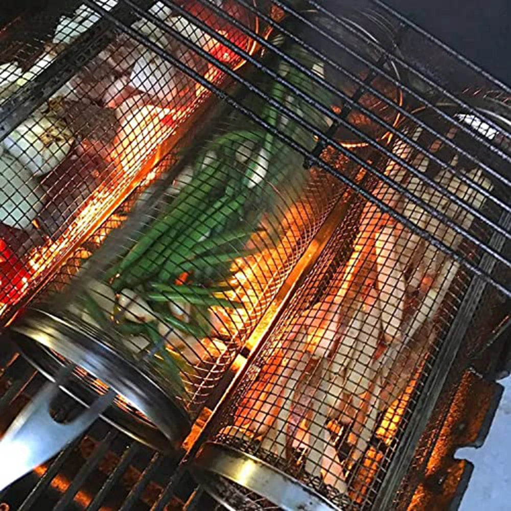 1-4 peças Cesta de grelhar com rodinhas de aço inoxidável para churrasco Cesta de malha portátil para acampamento ao ar livre Acessórios de cozinha