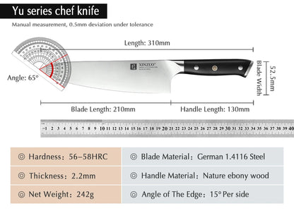 XINZUO Faca de Chef de 8,5'' de Alto Carbono DIN 1.4116 Facas de Cozinha Alemãs de Aço Inoxidável para Fatiar, Utensílios para Carne com Cabo de Ébano