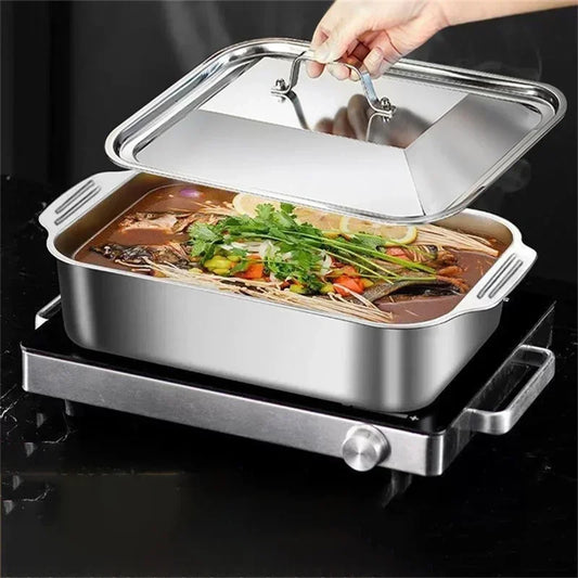 Bandeja retangular de aço inoxidável 304 para peixes e lagostins grelhados com tampa, prato fundo para churrasco e carne, fogão de indução