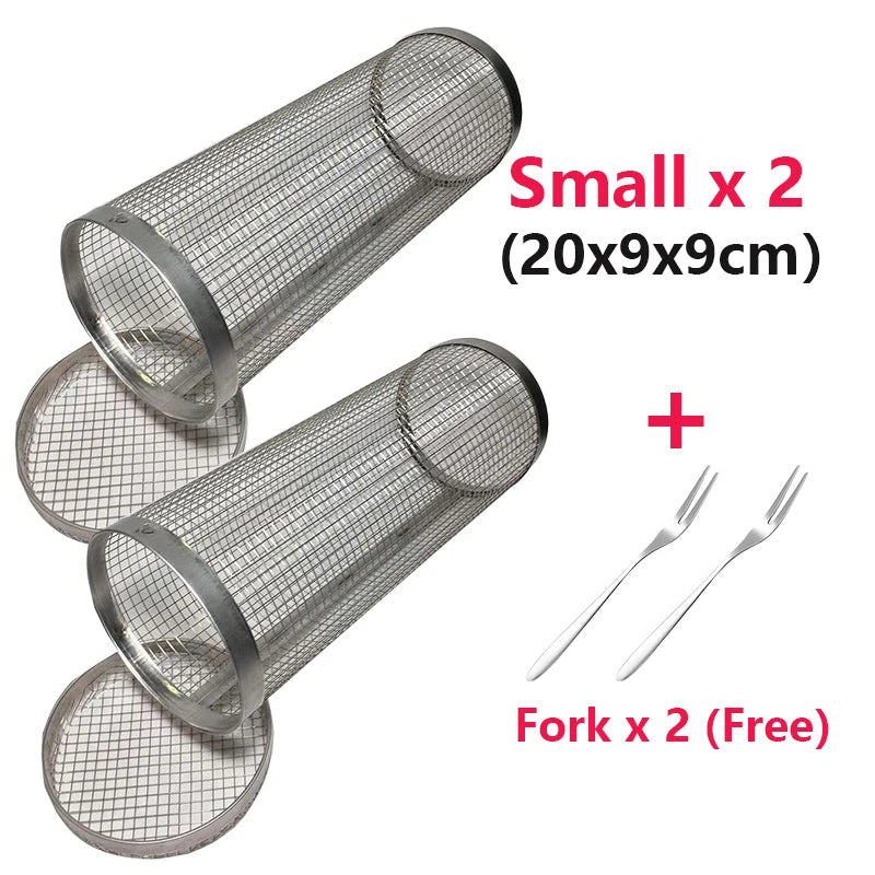 1-4 peças Cesta de grelhar com rodinhas de aço inoxidável para churrasco Cesta de malha portátil para acampamento ao ar livre Acessórios de cozinha