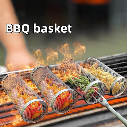 1-4 peças Cesta de grelhar com rodinhas de aço inoxidável para churrasco Cesta de malha portátil para acampamento ao ar livre Acessórios de cozinha