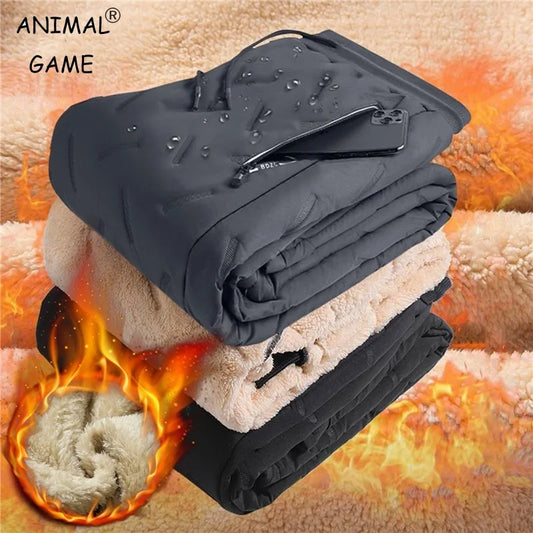 Calças de moletom de inverno masculinas de lã grossa de pelúcia, calças térmicas de lã de cordeiro, calças casuais, calças de algodão quentes à prova d'água e à prova de vento