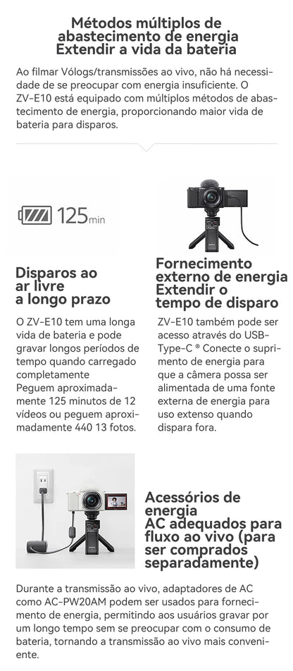 SONY Alpha ZV-E10 ZVE10 APS-C E-Mount Vlog Câmera Mirrorless Digital Com Lente 16-50mm Câmera Compacta 4K Fotografia Profissional