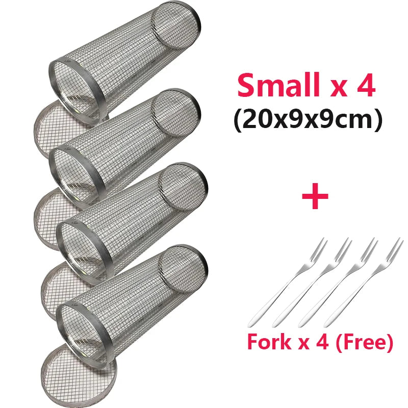 1-4 peças Cesta de grelhar com rodinhas de aço inoxidável para churrasco Cesta de malha portátil para acampamento ao ar livre Acessórios de cozinha