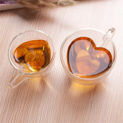 Caneca de vidro em formato de coração, copos para casal, copo de vidro duplo, copos de vinho resistentes ao calor, canecas de chá, leite, expresso, café, utensílios para bebidas