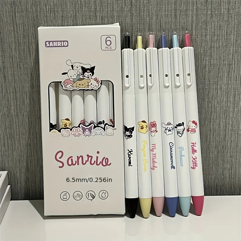 Caneta de gel Sanrio Hello Kitty Kuromi Pachacco, 6 unidades, caneta para exame de estudante, caneta de assinatura de escritório de secagem rápida, material escolar, papelaria, prêmio