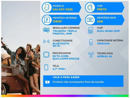 Smartphone Samsung Galaxy A05s 6,7" 128GB Preto 6GB RAM Câmera Tripla 50MP + Selfie 8MP Bateria 5000mAh Dual Chip